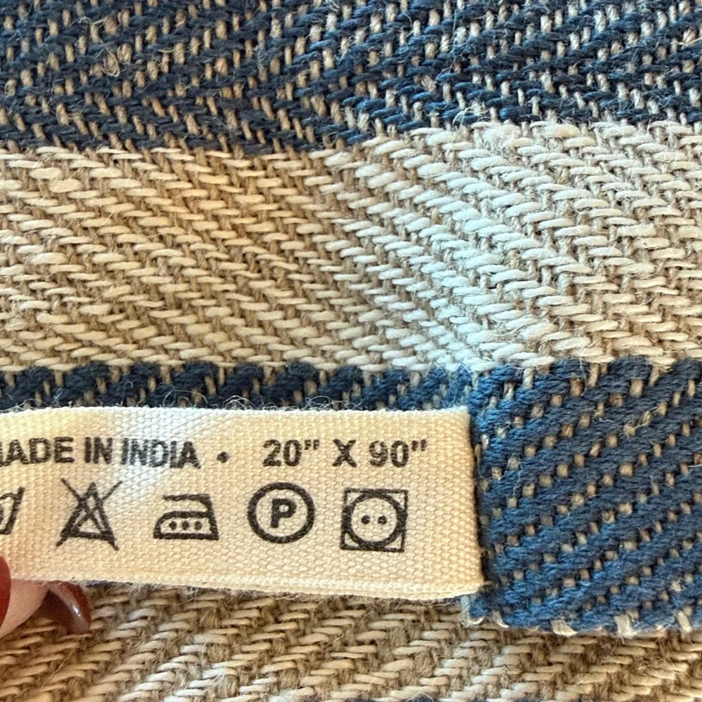 CARAVAN Gordes Natural & Blue Cotton Linen Table Runner Size 20x90  NEW